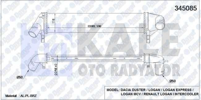 KALE 345085 Turbo Radyatoru (Intercooler) Logan Mcv-Sandero 09> K9k (Al/Pl/Brz)